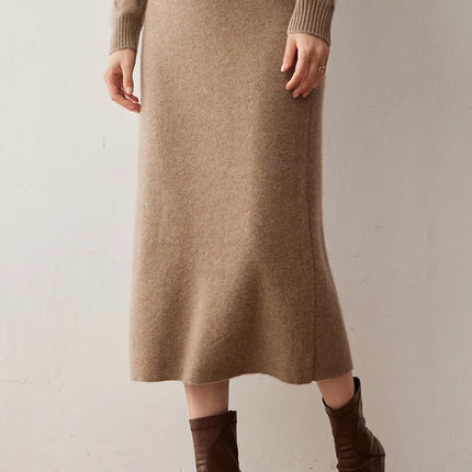 Women's 100% Cashmere Skirts Office Lady Autumn Winter Basic Fit Knitted High Waist Straight Skirt Graceful Long Warm Soft Dress PlatiNum