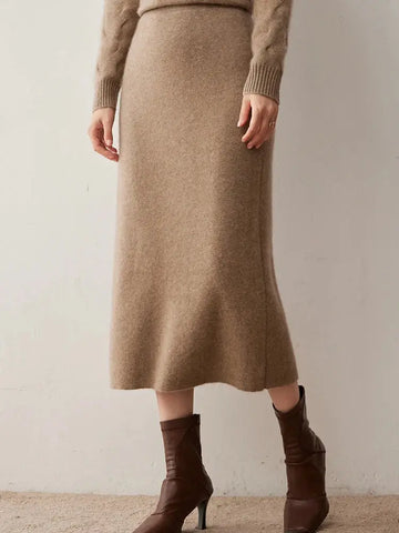 Women's 100% Cashmere Skirts Office Lady Autumn Winter Basic Fit Knitted High Waist Straight Skirt Graceful Long Warm Soft Dress PlatiNum