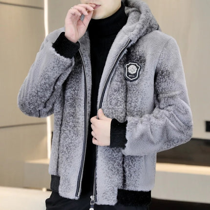 Autumn Winter Faux Fur Hooded Jacket Men Fashion Social Faux Mink Fur Casual Business Jacket Thick Warm Outdoor Windproof Coat