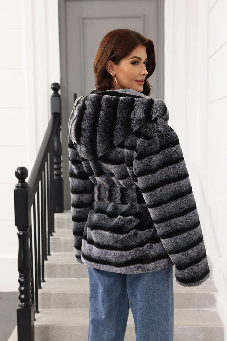 ZADORIN New Stripes Winter Fur Coats Woman Mid Long Hooded Warm Loose Faux Fur Coat For Woman Elegant Belted Fluffy Fur Jacket