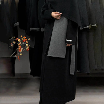 DFDG Woman's Cowl-neck Pure Color Versatile Patchwork Two-color Design 2025 Spring New Style Loose High-quality Long Coat