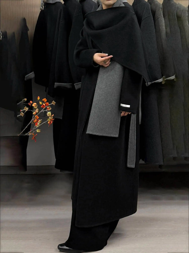 DFDG Woman's Cowl-neck Pure Color Versatile Patchwork Two-color Design 2025 Spring New Style Loose High-quality Long Coat