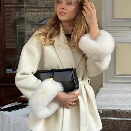 Tossy Fox Fur Wool Overcoat Women's Short Coat Office Lady Elegant Double-sided Woolen Coat 2025 New Cardigan Jackets Loose Wool