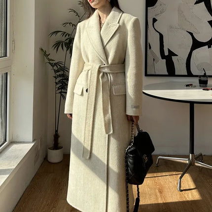 High-end White Thick Double-sided Wool Cashmere Coat Long Women Fashion Casual Loose Lapel Lace-up Woolen Jacket Autumn Winter