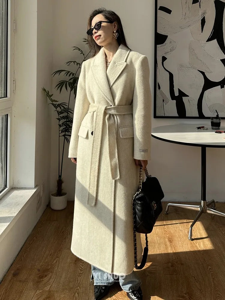 High-end White Thick Double-sided Wool Cashmere Coat Long Women Fashion Casual Loose Lapel Lace-up Woolen Jacket Autumn Winter