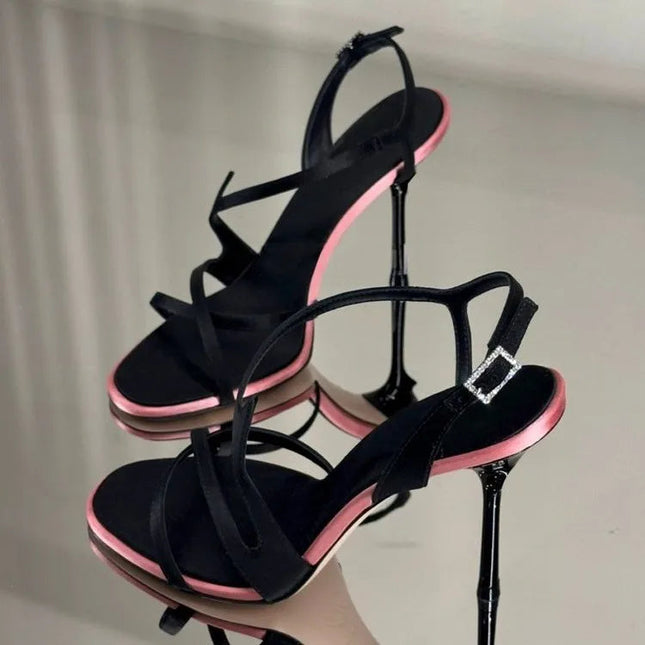 Satin Color Block Stiletto Fashionable High Heels with One Belt 2026 New Summer Sexy Temperament Versatile Sandals PlatiNum
