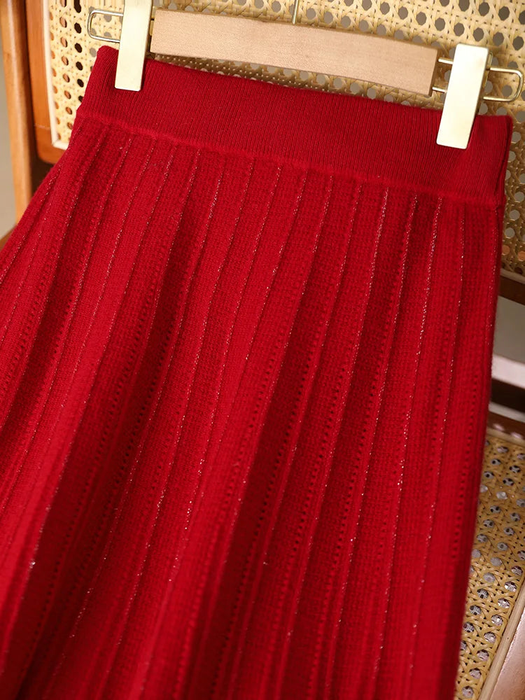 Women's Wool Skirts A-Line Pleated Cashmere Skirt Autumn Winter Elastic Waist 100% Merino Wool Knitted Bright Silk Style Dress PlatiNum
