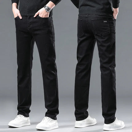 Winter Men's Slim Straight Elastic Denim Pants Casual Male Clothing Fashion Plush Trousers Pure Black Fleece Thick Warm Jeans