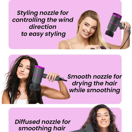 VoluVibe Professional Ionic Hair Dryer, Powerful Fast Drying Low Noise Blow Dryer with 2 Concentrator Nozzle 1 Diffuser Attachme