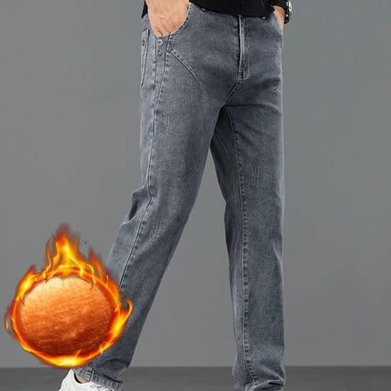 Thick Warm Slim Fleece Jeans Men's Winter New Business Stretch Velvet  Trousers Korean Gray Plush Denim Pants Male