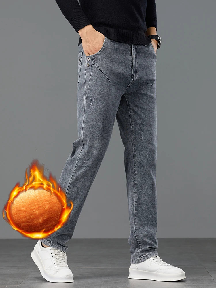 Thick Warm Slim Fleece Jeans Men's Winter New Business Stretch Velvet  Trousers Korean Gray Plush Denim Pants Male