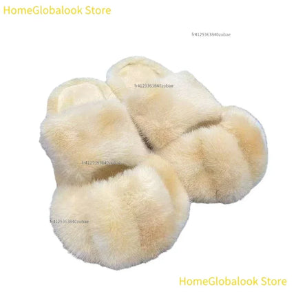 Women Kawaii Furry Cat Paw Slippers, Imitation Fur Fluffy Plush Warm Home Shoes, Comfort Flat Heel Cute Cat Slippers for Bedroom Indoor Daily Wear