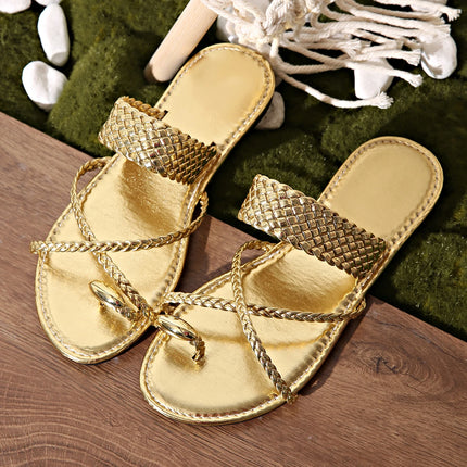Sandali infradito da donna alla moda con clip dorata, tacco piatto, per l'estate 2025, da spiaggia, taglie forti 43, leggeri, per esterni