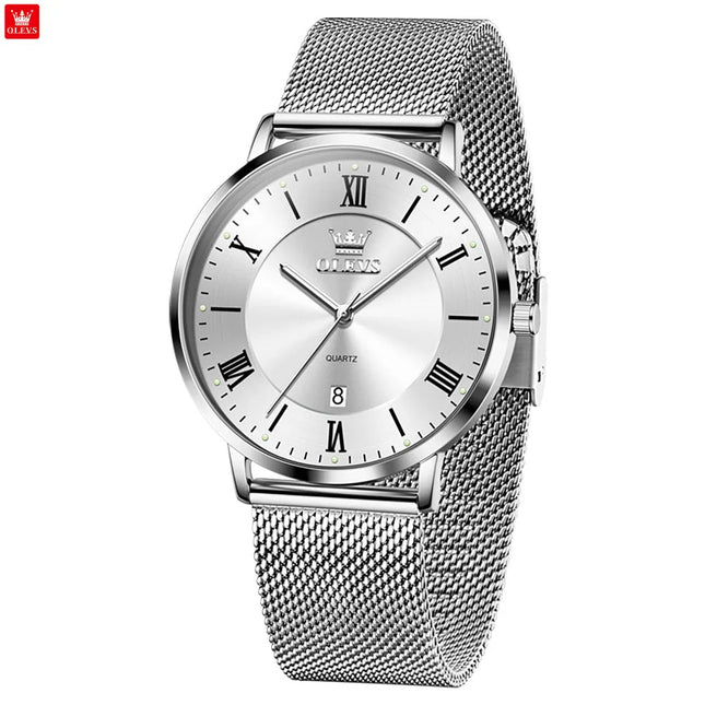 OLEVS 5623 Orologio al quarzo da uomo con quadrante minimalista con numeri romani, cinturino in maglia milanese, lancette luminose, datario, resistente all'acqua fino a 30 m platinumshop