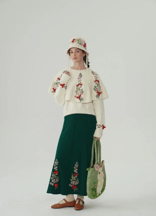 62-96cm Waist Fall Winter Long Skirts Women Elegant Handmade Embriodery Crochet Red Fruit Cashmere Wool Knitted Emerald Skirts PlatiNum