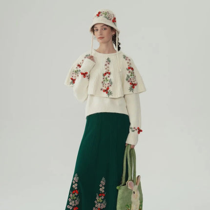 62-96cm Waist Fall Winter Long Skirts Women Elegant Handmade Embriodery Crochet Red Fruit Cashmere Wool Knitted Emerald Skirts PlatiNum