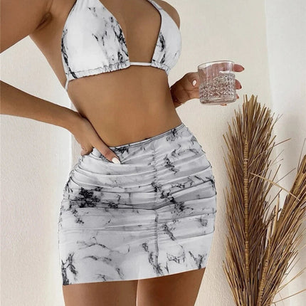 3 pezzi perizoma Bikini con gonna marmo texture costume da bagno donna costume da bagno Set costumi da bagno femminili abbigliamento da spiaggia nuoto estate platinumshop