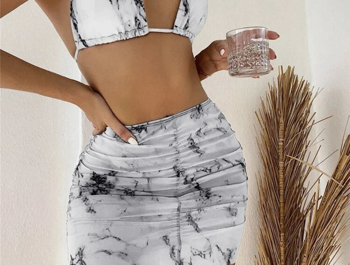 3 pezzi perizoma Bikini con gonna marmo texture costume da bagno donna costume da bagno Set costumi da bagno femminili abbigliamento da spiaggia nuoto estate platinumshop
