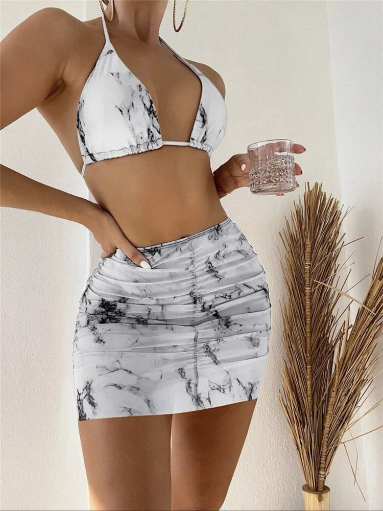 3 pezzi perizoma Bikini con gonna marmo texture costume da bagno donna costume da bagno Set costumi da bagno femminili abbigliamento da spiaggia nuoto estate platinumshop