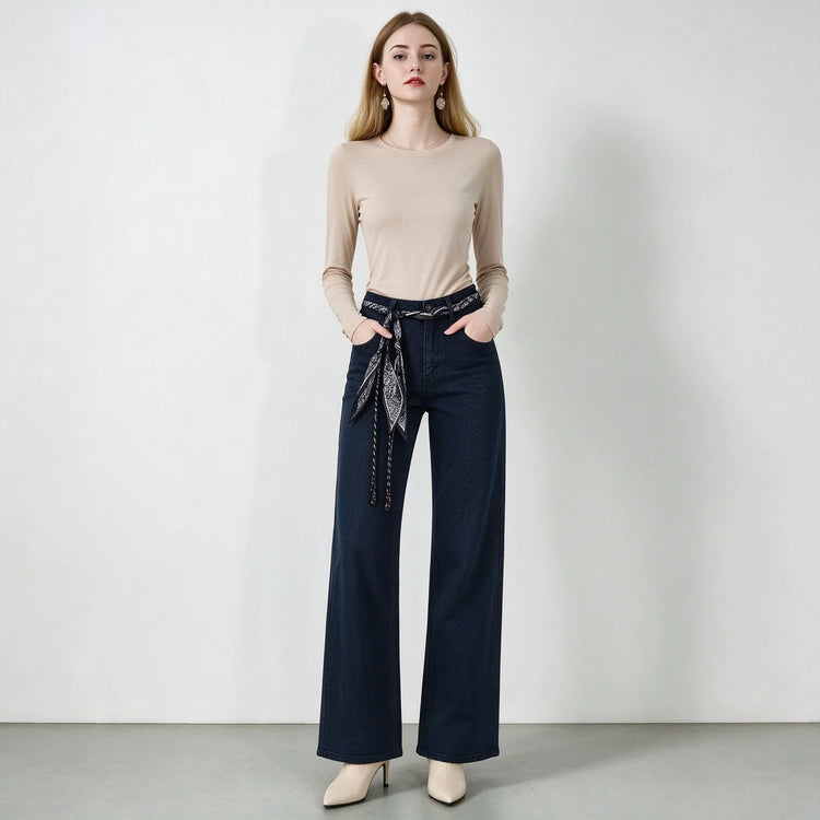 Women's Dark Blue Wide Leg Jeans, High Waist with Decorative Scarf Band, Comfortable Denim Urban Casual Style, All-Season Pants，Fx1338-7