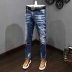 Fashion Designer Men Jeans Retro Blue Stretch Slim Fit Painted Ripped Jeans Men Korean Style Vintage Casual Denim Pants Hombre PlatiNum