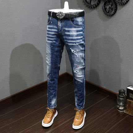 Fashion Designer Men Jeans Retro Blue Stretch Slim Fit Painted Ripped Jeans Men Korean Style Vintage Casual Denim Pants Hombre PlatiNum