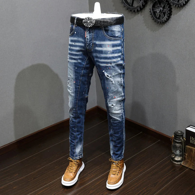 Fashion Designer Men Jeans Retro Blue Stretch Slim Fit Painted Ripped Jeans Men Korean Style Vintage Casual Denim Pants Hombre PlatiNum