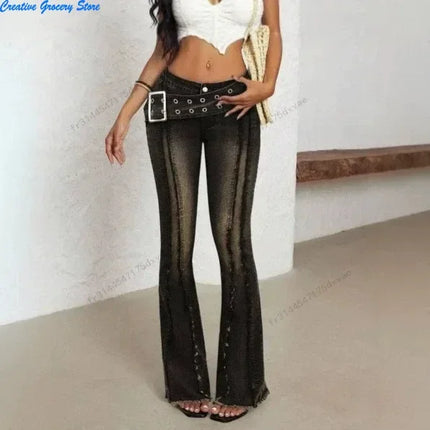 Women Vintage Washed Flare Jeans With Wide Belt Raw Hem Split Hem Seam Detail High Waist Slim Fit Denim Pants