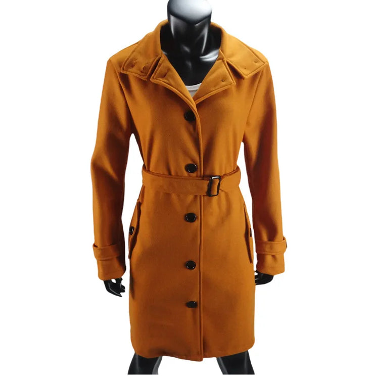 New Solid Color Button Long Wool Coat Autumn Warm Stand Collar Women Coat Fashion Ladies High Neck Pocket Belt Trench Coat
