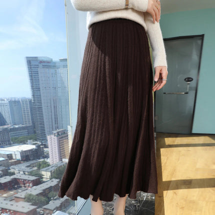 FRSEUCAG Autumn and winter women's warm half skirt 100% mink cashmere pleated skirt thick long skirt soft and loose fashionable PlatiNum