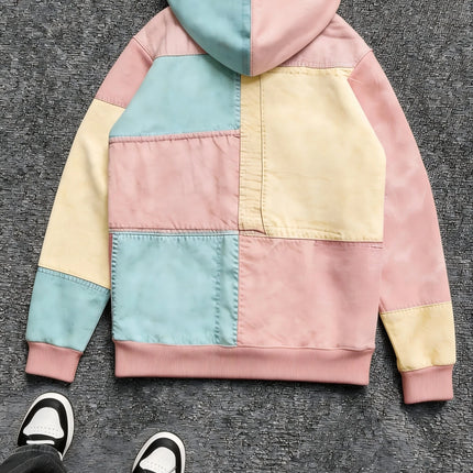 Mens Multi Color Patchwork Hoodie Soft Lined Raised Embroidery Slogan Small Cross Accent Minimal Casual Sweat Top
