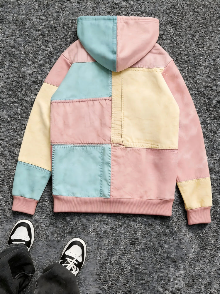 Mens Multi Color Patchwork Hoodie Soft Lined Raised Embroidery Slogan Small Cross Accent Minimal Casual Sweat Top