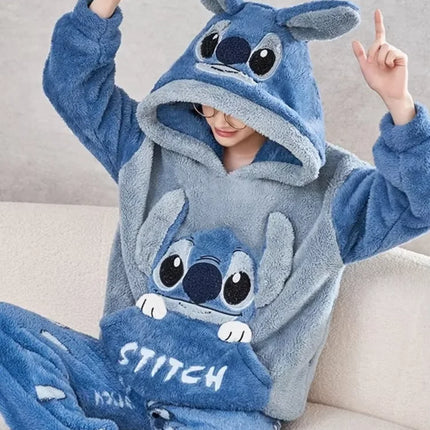 Anime Stitch Pajamas Cute Winter Flannel Thick Sleepwear Set Couple Homewear Warm Comfortable Windproof Long Sleeved Pants Gift