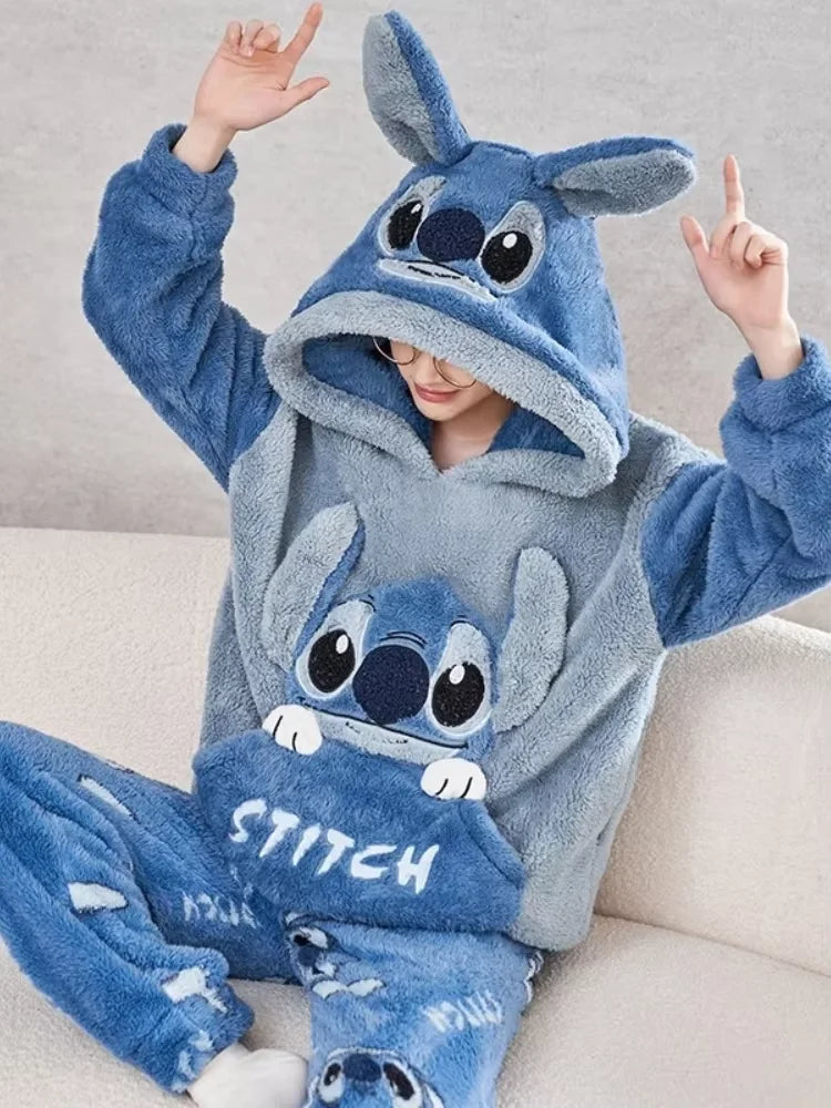 Anime Stitch Pajamas Cute Winter Flannel Thick Sleepwear Set Couple Homewear Warm Comfortable Windproof Long Sleeved Pants Gift