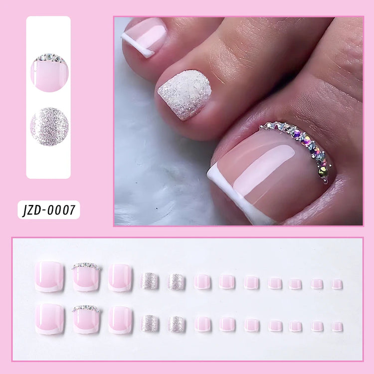24pcs French Flower Fake Toenails Short Square White Border Press On Nail Tips With 1Jelly Stickers Full Coverage False Nail Tip