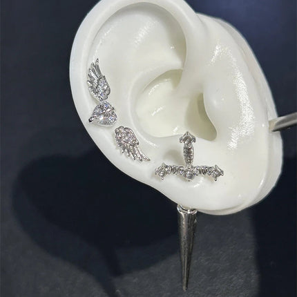 New Fashion Love Wings Cross Acciaio inossidabile Osso dell'orecchio Chiodo Zircone lucido Orecchino con filo alla moda per le donne Accessorio per piercing al corpo platinumshop