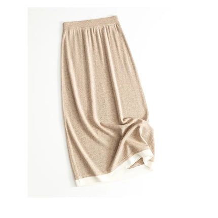 SuyaDream, Women Long Skirt, 32.4%Sheep Wool, Solid Woolen Knitted Skirts, 2024 Autumn Winter Warm Under Dress, Grey, Khaki PlatiNum