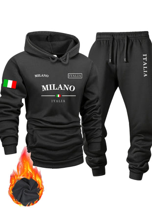 Italy pattern Men's Hoodie and Bundled pants set fleece Autumn winter two-piece set top bottom sets windproof Warm Cotton suit PlatiNum