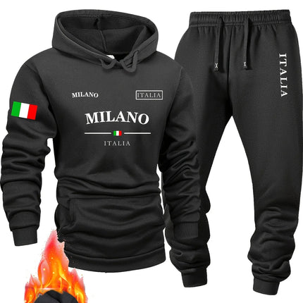 Italy pattern Men's Hoodie and Bundled pants set fleece Autumn winter two-piece set top bottom sets windproof Warm Cotton suit PlatiNum