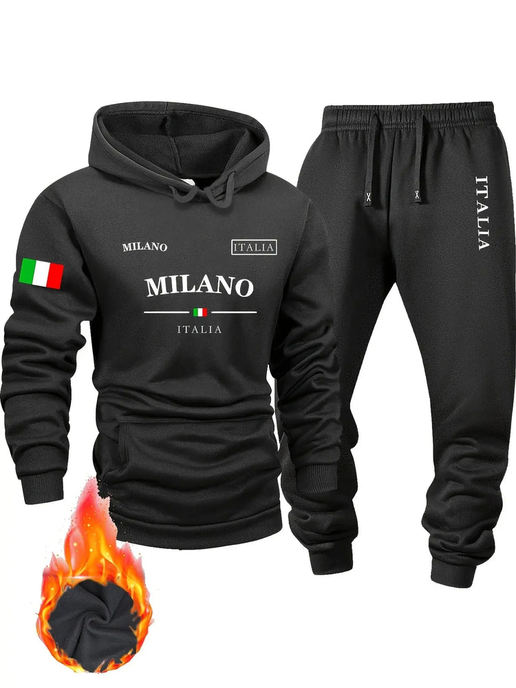 Italy pattern Men's Hoodie and Bundled pants set fleece Autumn winter two-piece set top bottom sets windproof Warm Cotton suit PlatiNum