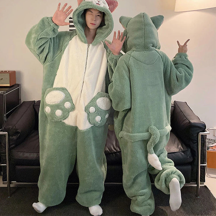 Winter Animal Onesies for Adults Homewear Flannel Sleepwear Couples Jumpsuit Winter Coral Velvet Pajamas Women Mens Loungewear