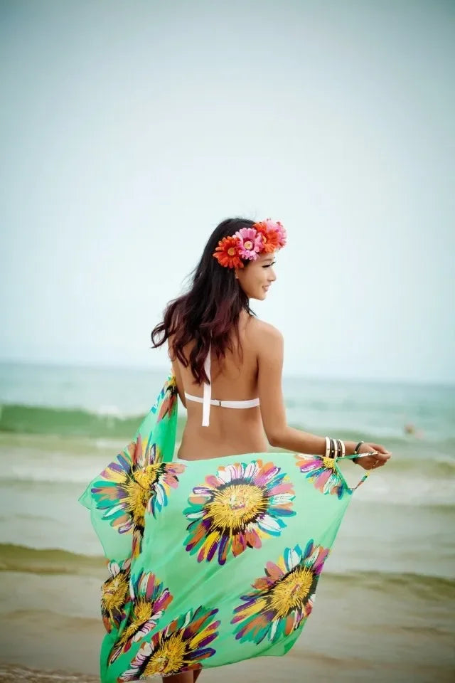 Copricostumi stampati Abito da spiaggia sexy Donna Halter Sling Chiffon Asciugamano da spiaggia Bikini Wrap Pareo Gonne Costumi da bagno aperti sul retro platinumshop
