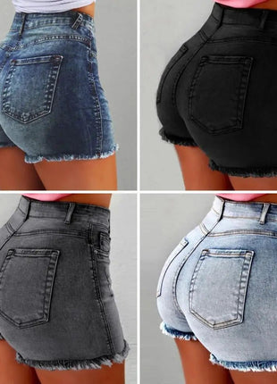 2025 Pantaloncini da donna con bordo strappato effetto consumato retrò Vita alta lavati Tasche laterali slim fit con sollevamento del sedere Pantaloni corti da festa casual da club - platinumshop
