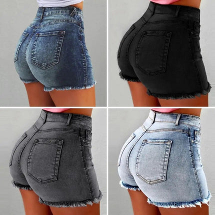 2025 Pantaloncini da donna con bordo strappato effetto consumato retrò Vita alta lavati Tasche laterali slim fit con sollevamento del sedere Pantaloni corti da festa casual da club - platinumshop