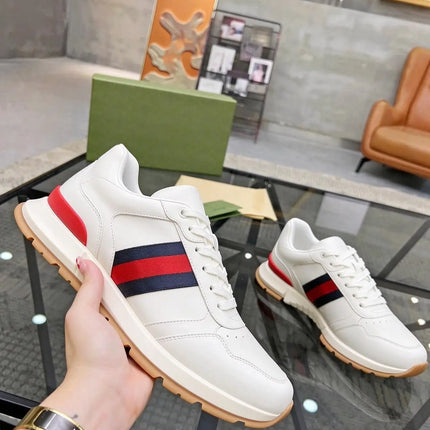 Unisex White Faux Leather Sneakers, Red Navy Web Stripe Lace Up Low Top Gum Thick Sole Casual Walking Shoes