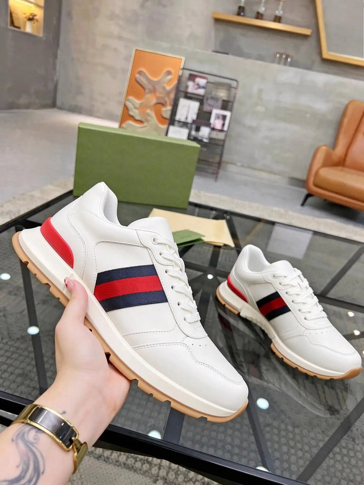 Unisex White Faux Leather Sneakers, Red Navy Web Stripe Lace Up Low Top Gum Thick Sole Casual Walking Shoes