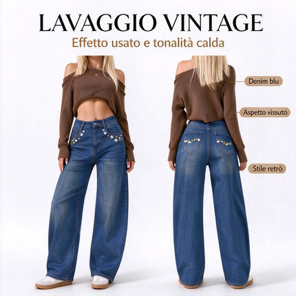 Women’s High-Waisted, Wide-Leg Jeans with Daisy Embroidery on the Pockets, Vintage Blue Denim with Faded Wash, Soft Casual Trousers for Everyday Wear  JF-593