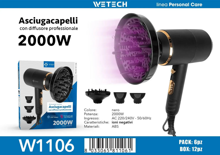 2000W Ionic Hair Blow Dryer With Professional Diffuser & Concentrator Nozzles Quick Dry Hair Care Styling Tool for Home Salon