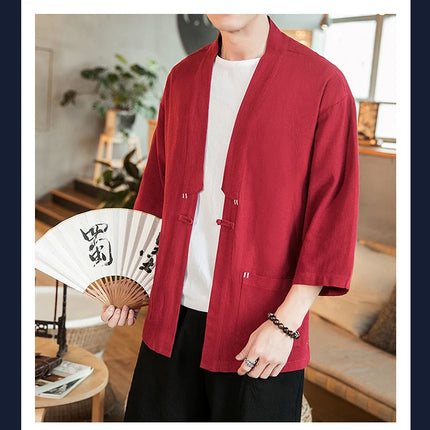 Kimono Camicia da uomo Samurai giapponese Cardigan tinta unita retrò Stile cinese Cotone Lino Yukata Haori Cappotto da uomo allentato Streetwear