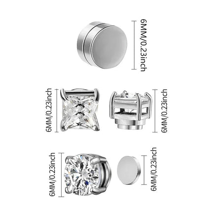 3 paia di orecchini a clip magnetici resistenti in cristallo per uomini e donne Orecchini con magnete zircone rotondo punk Gioielli non penetranti platinumshop